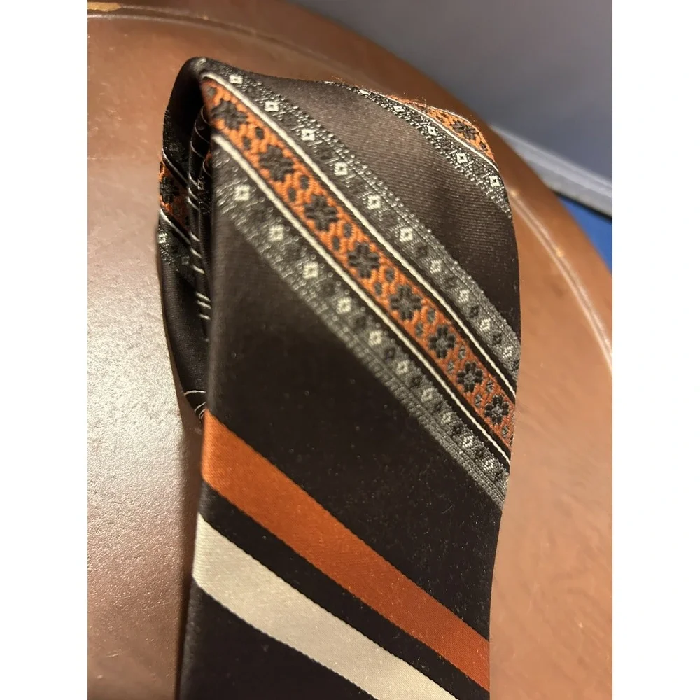 G Galvani Neck Tie Brown Orange‎ Geometric Striped Polyester Vintage